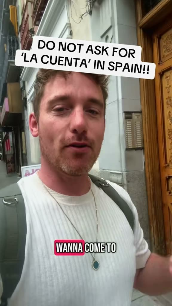 Chris in a doorway; the title card reads Do not ask for la cuenta in Spain